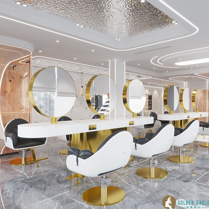 新款网红理发店镜台美发店不锈钢大理石镜台带灯烫染桌发廊专用镜