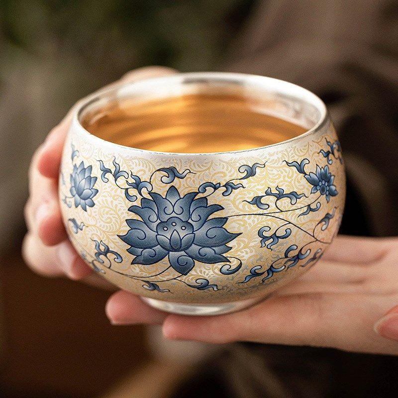 高颜值中式青花莲韵鎏银罗汉杯主人杯功夫茶盏茶碗品茗杯商务礼品