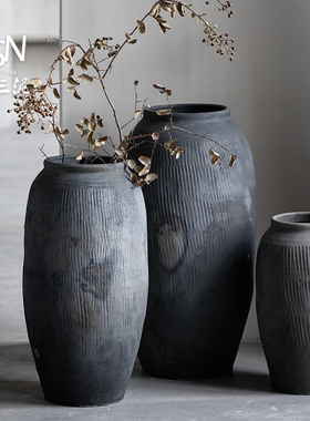 做旧黑陶罐落地花瓶组合禅意土罐复古中式艺术老瓦罐仿古翁缸粗陶