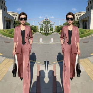 气质修身 早秋款 显瘦五分袖 网红小西服套装 西服上衣直筒裤 2021秋季
