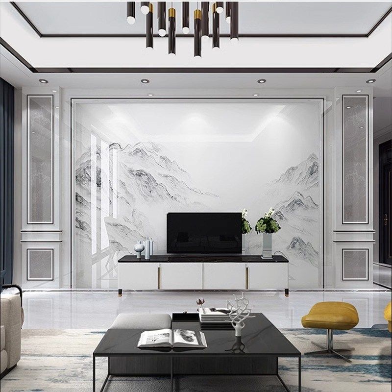 新中式护墙板岩板电视背景墙客厅石纹大理石石材边框装饰影视墙,家装主材,岩板,淘宝优惠券,粉丝福利购,淘宝优惠卷