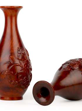 中国风客厅红木雕花瓶摆件 实木质酒柜装饰品家居饰品玄关摆设