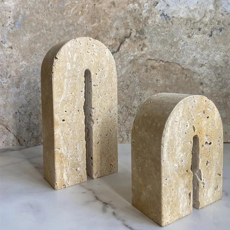 侘寂北欧轻奢风黄洞大理石茶几办公桌面书房卧室拱形书立书档摆件