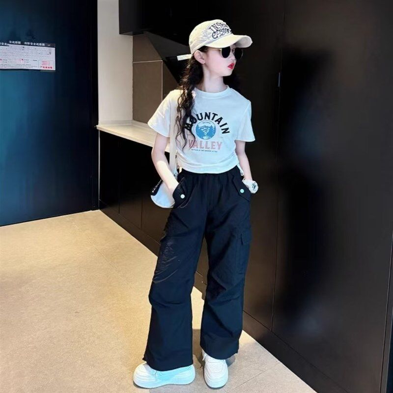 女童工装裤套装酷飒风夏季2025炸街大童夏装短袖童装休闲运动衣服图片