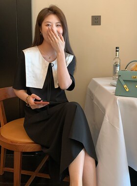 NAZ那子大码夏季新款韩式设计感撞色领胖mm减龄气质显瘦连衣裙