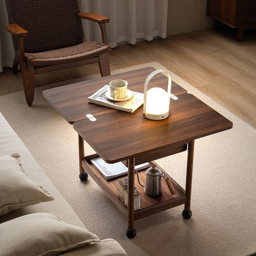 黑胡桃木移动折叠茶几小桌子小户型I沙发小边几角几实木小推车