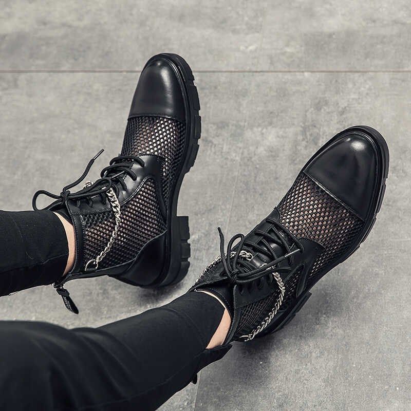 潮流夏季新款网纱厚底透气镂空薄款男士马丁靴英伦机车风内增高款,流行男鞋,马丁靴,淘宝优惠券,粉丝福利购,淘宝优惠卷