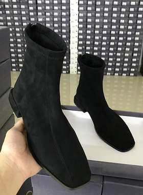 百搭方头瘦瘦靴2l021秋冬季新款小短靴女鞋低跟粗跟弹力靴马丁靴