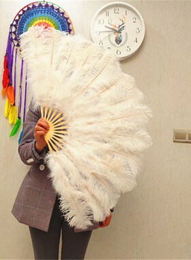 欧式白色扇骨肚皮舞表演舞蹈演出羽毛扇子  全Q绒大鸵鸟羽毛扇包