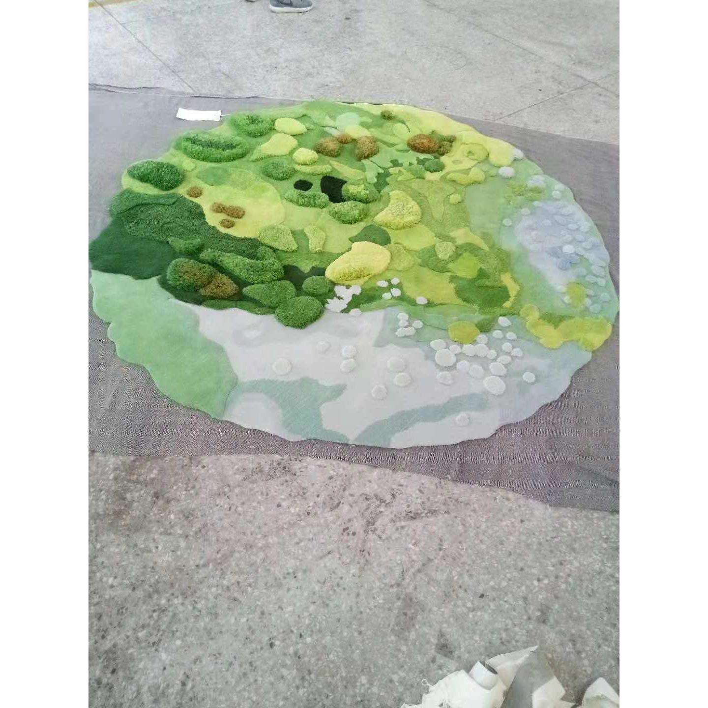 蓝绿色草坪高档手工地毯纯羊毛加厚长毛地毯风景图案厂家直销