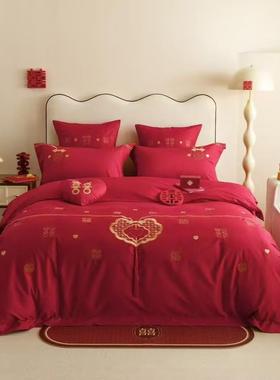 婚庆120S贡缎长绒棉四件套喜刺绣红色被套床上用品新中式结婚简约