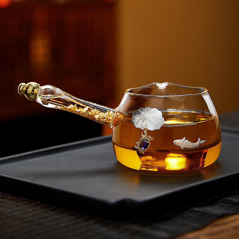 公道杯玻璃茶漏一体套装耐高温加厚分茶器侧把金箔公杯镶银倒茶器
