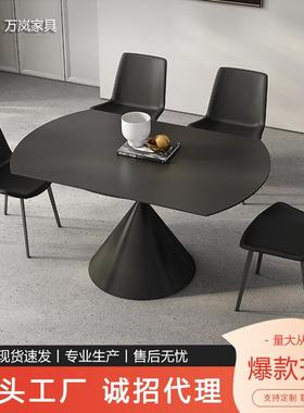 黑色伸缩岩板餐桌旋转可变圆桌现代简约家用小户型方圆两用饭桌
