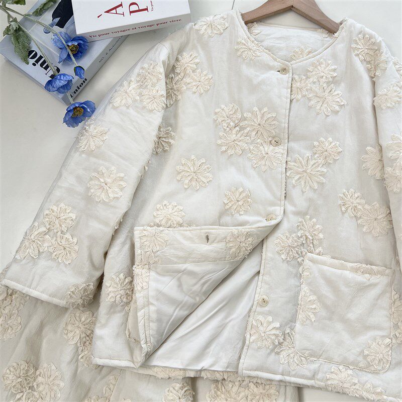 日系  冬日小花棉服套装宽松大版棉袄棉裙立体小Y花质感棉衣