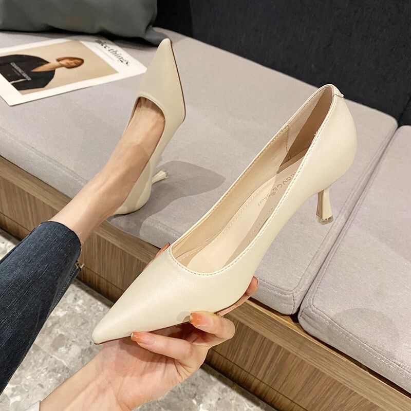 法式米白色高跟鞋女黑色职业低跟2A024年新款气质尖头浅口5cm单鞋