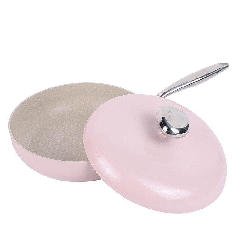 鹅卵石锅不粘锅平底煎锅28cm深煎锅煎炒锅网红爆款炒锅粉色炫彩