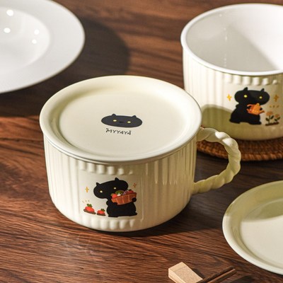 可爱陶瓷泡面碗宿舍用大容量带盖可微波炉高颜值学生食堂碗带手柄