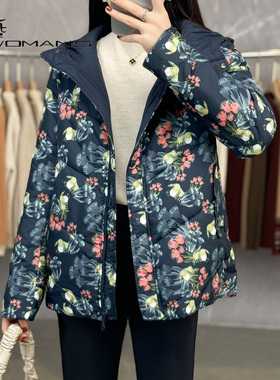 冬装棉服短款女花色棉衣30-4D0岁老人连帽棉袄厚D4538