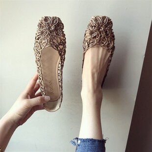 B大码 欧美风时尚 女鞋 新款 网状镂空方头包头平跟平底凉 2021春夏季