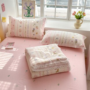 夏季粉色小碎花全棉夏被四件w套空调被纯棉可机洗水洗夏凉被薄被