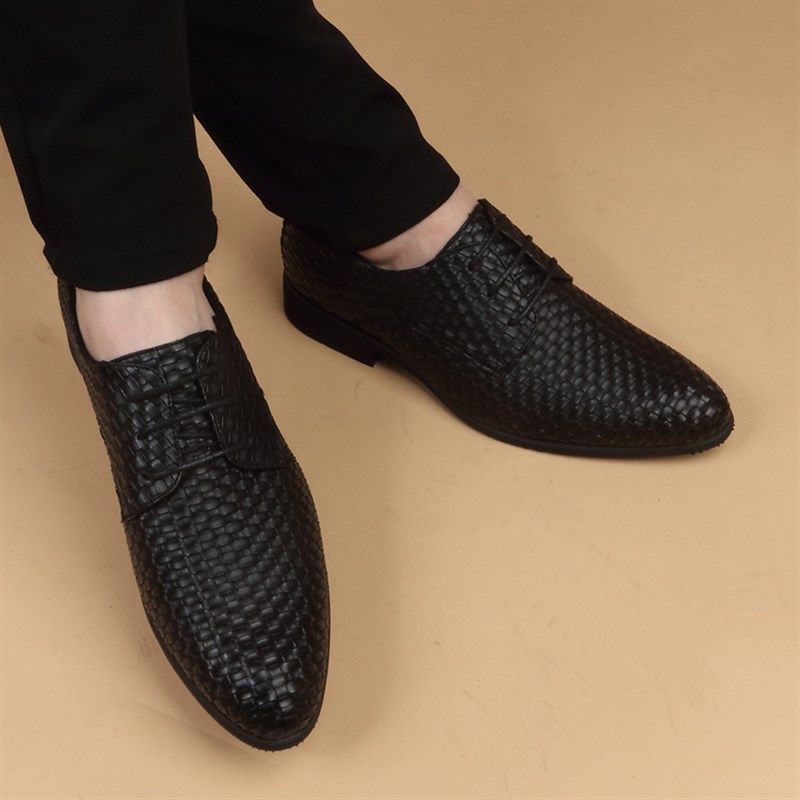 男士尖头编织皮鞋英伦韩版透气商务休闲鞋夏天皮鞋男内增高鞋子潮