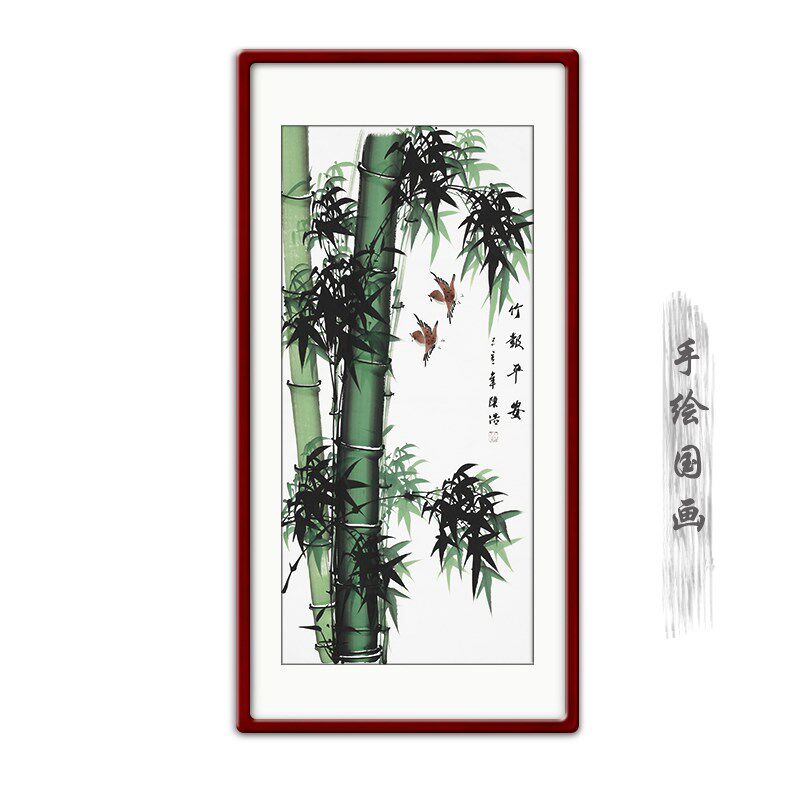 纯手绘牡丹竹子竖版水墨挂画客厅走廊壁画中式国画入户玄关装饰画