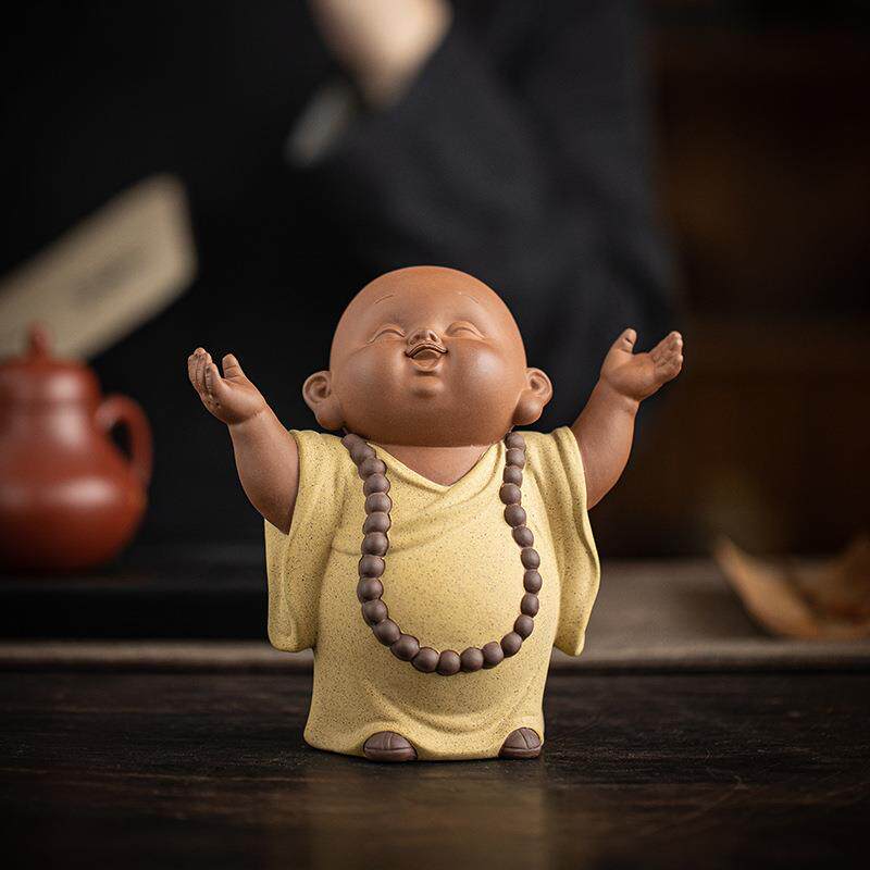 新中式紫砂禅意小和尚摆件家居装饰品陶瓷人物佛系可爱小沙弥摆设