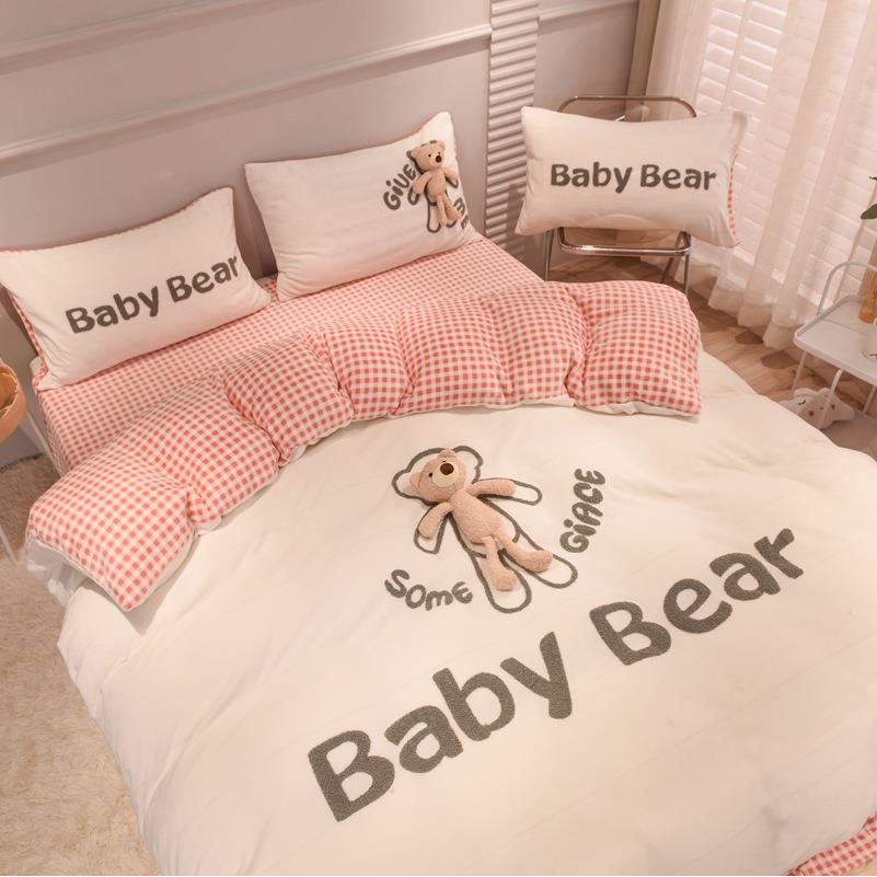 秋冬韩式可爱公主风法兰绒珊瑚绒四件套粉色加绒床单被套床上用品