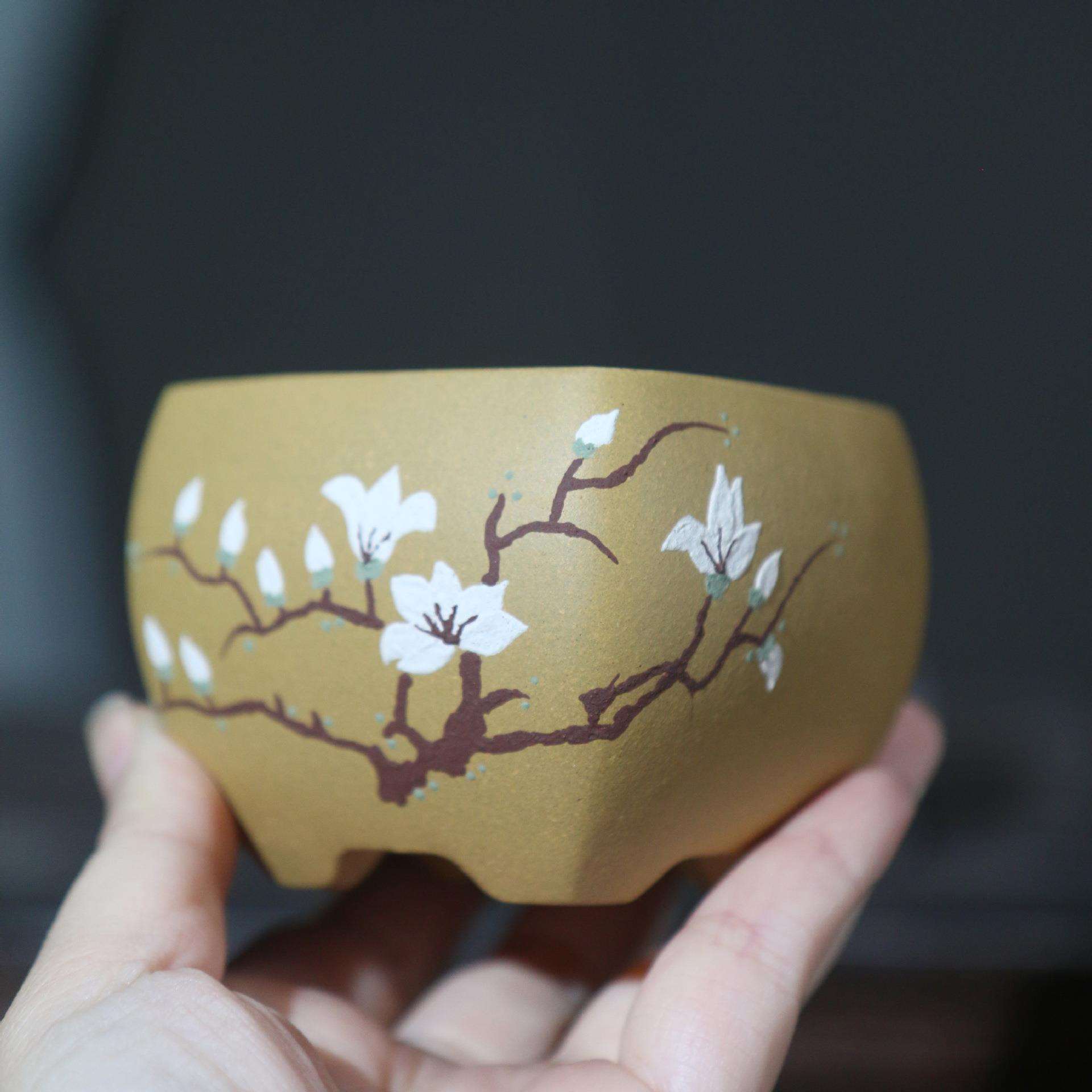 宜兴紫砂盆景盆泥绘段泥彩绘手工小盆正方形苏兵制名家盆小鸟梅花