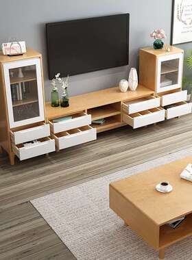北欧实木电视柜现代简约小户型客厅储物地柜抽拉门边柜橡木视听柜