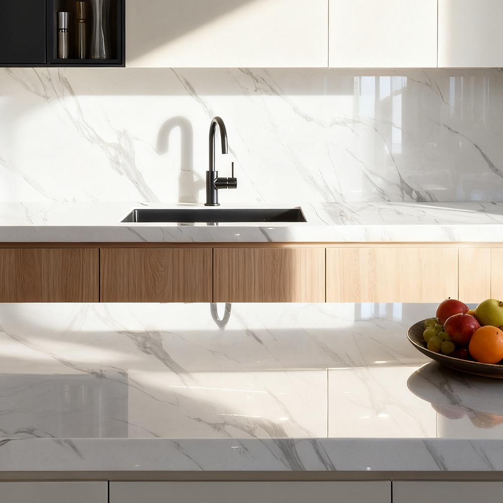 现代简约鱼肚白石微晶石材橱柜台面洗手台餐桌厂家直销