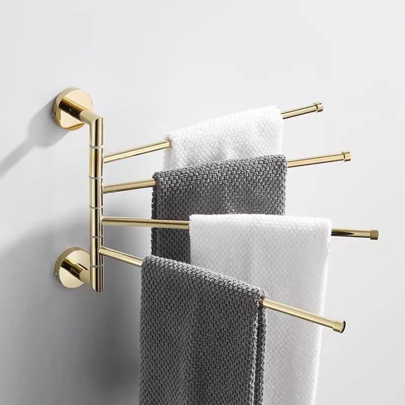 金色卫生间旋转毛巾架全铜创意活动毛巾挂杆免打孔浴室多杆置物架