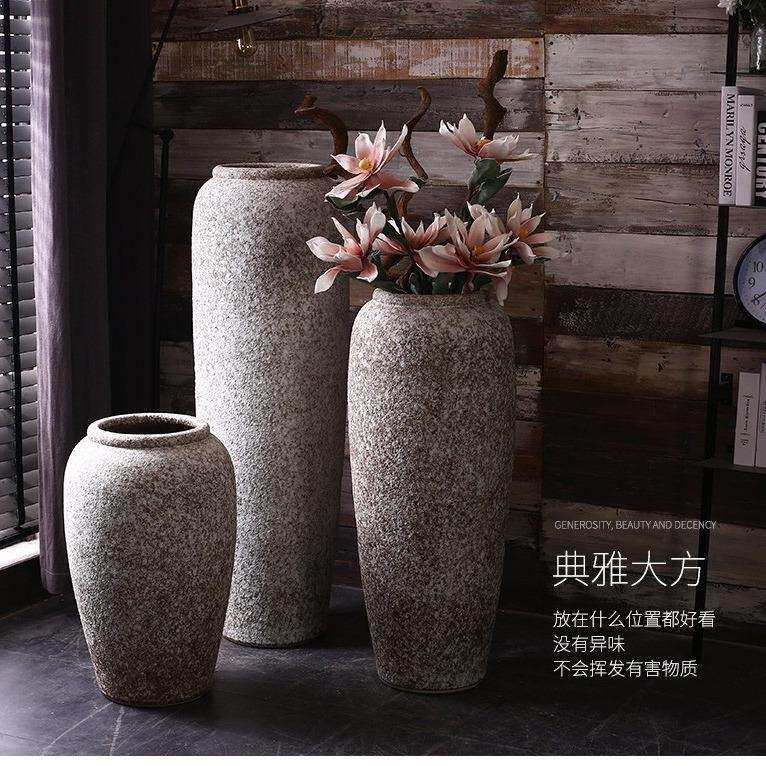 复古粗陶土做旧陶瓷花瓶落地大号花盆景观摆件禅意干支陶罐工艺品