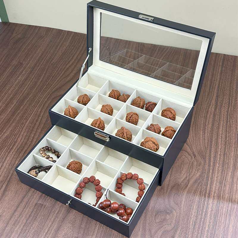 文玩核桃收纳盒大容量24格双层皮质收纳盒多用途首饰盒可调节内格