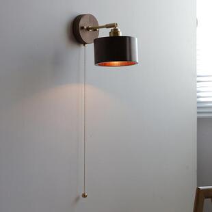 新款日式复古胡桃木原木全铜可调节民宿客栈小众卧室床头拉绳壁灯