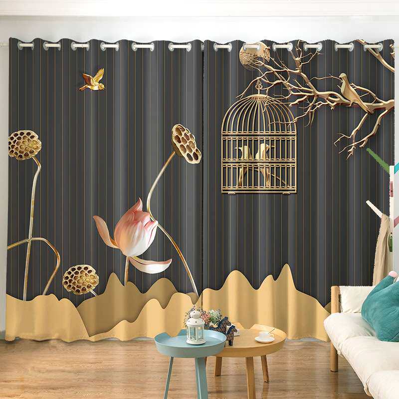 新款中国风荷花窗帘 客厅卧室书房新中式水墨荷花免打孔落地帘