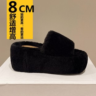 8cm厚底增高毛毛拖鞋女2025新款百搭一字拖外穿松糕棉拖鞋小个子