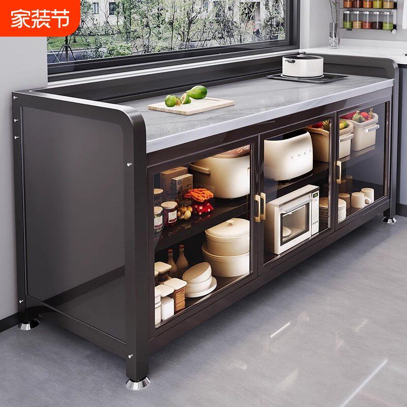 3C玻璃对开门岩板置物q柜切菜桌操作台多层餐边柜储物柜可移动岛