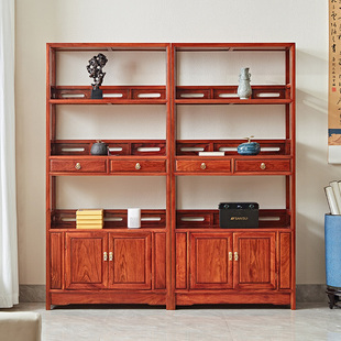 花梨木书架中式书房书柜落地实木多层架带柜置物架刺猬紫檀书橱柜