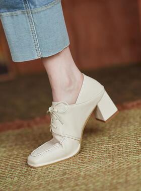 粗跟单鞋系带小皮鞋高跟懒人乐福鞋41A大码女鞋40中跟43小码31323