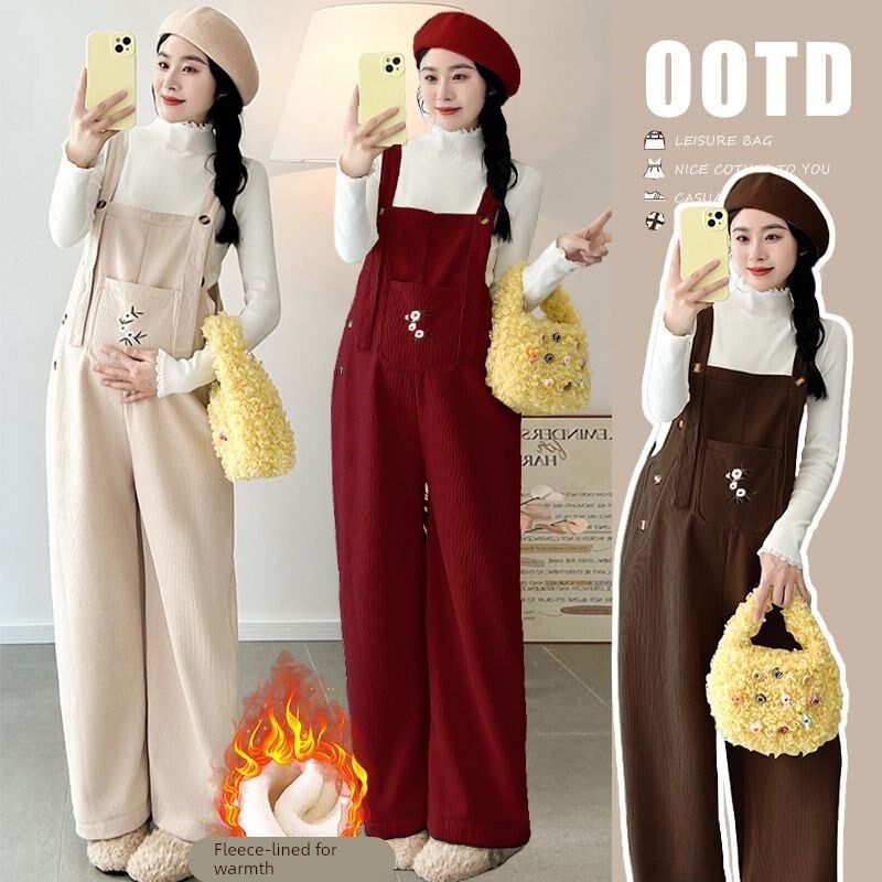 孕妇装2025秋冬新款p灯芯绒孕妇加绒套装气质显瘦背带裤毛衣两件