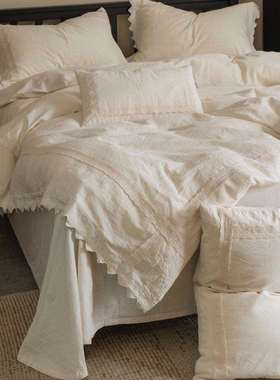 轻法式复古田园风棉麻四件套老粗布a类亚麻棉布白色花边床上用品