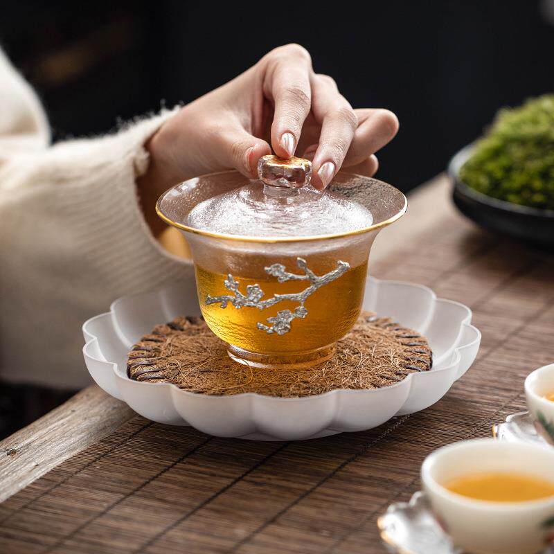 玻璃莲花壶承透明花型干泡盘百搭盖碗茶壶托盘现代简约果盘茶点盘