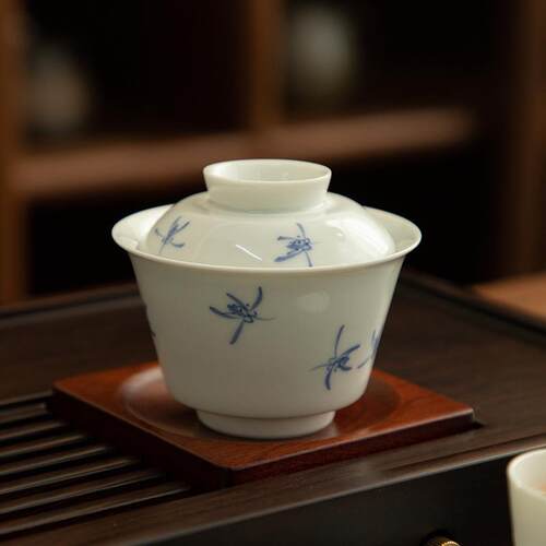 德化陶瓷【单盖碗满110ml纯手绘亮光】透明釉 仿古色 马蹄泡茶碗