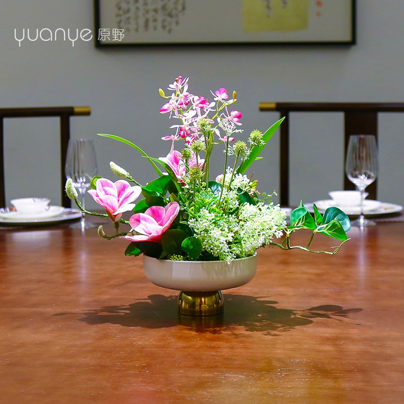 酒店会所吧台圆桌仿真花餐桌花摆花茶G室客厅玄关摆件假花摆设餐