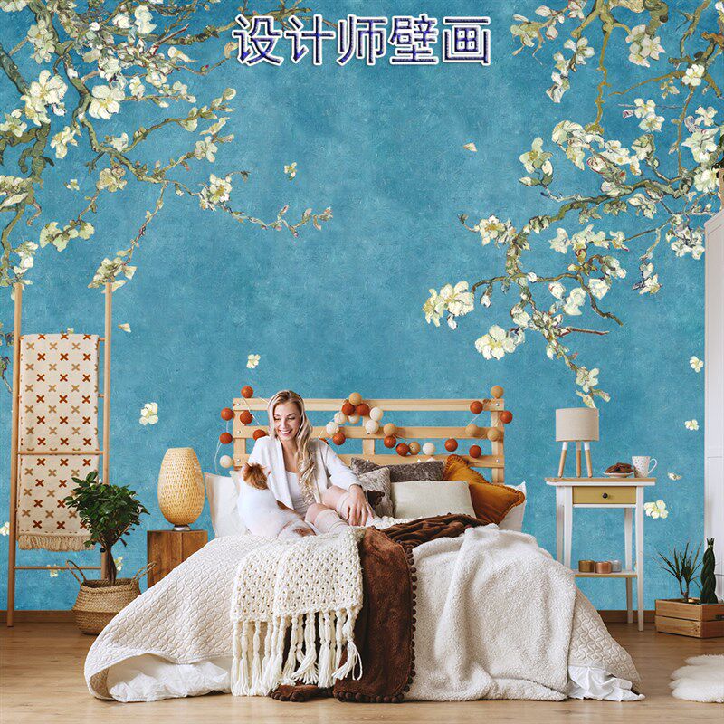 新中式现代简约墙纸蓝色杏花沙发电视背景墙壁纸古典水墨花鸟壁画