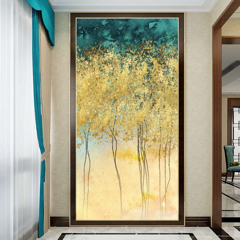 玄关背景墙壁纸简约现代个性发财树墙纸竖版走廊过道装饰壁画墙布