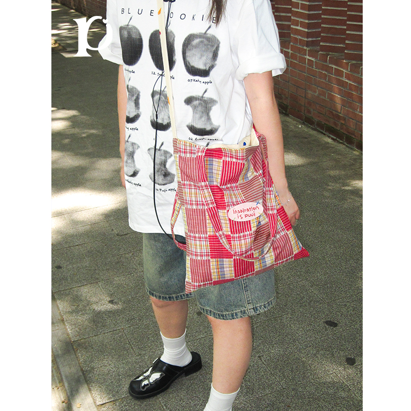 puui原创拼接格纹单肩手提包