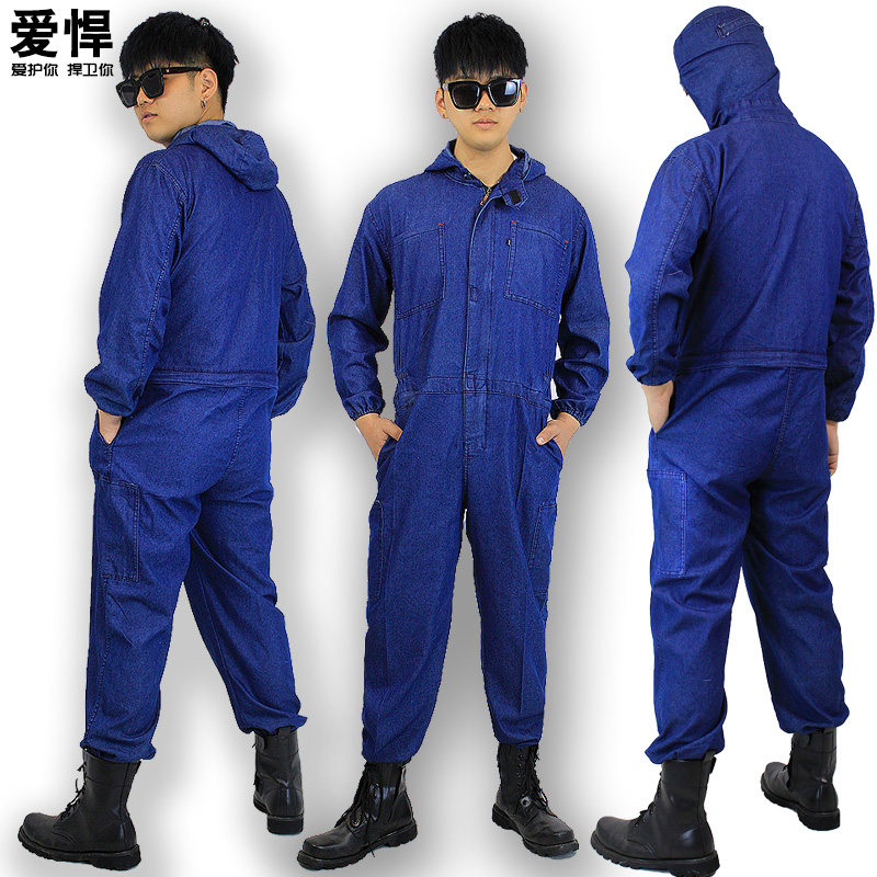 夏季薄款牛仔连体工作服套装男纯棉透气耐磨阻燃R焊工服防烫防尘