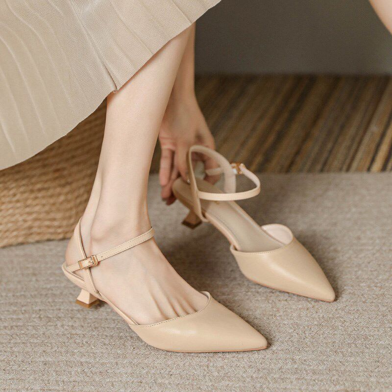 裸色包头后空一字带细跟尖头高跟凉鞋女3cm软皮P不累脚2024款单鞋